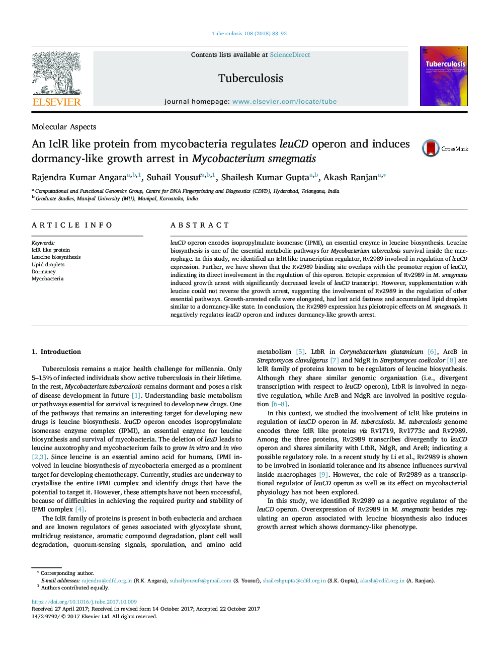 An IclR like protein from mycobacteria regulates leuCD operon and induces dormancy-like growth arrest in Mycobacterium smegmatis