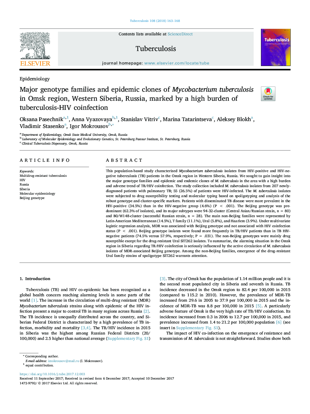 Major genotype families and epidemic clones of Mycobacterium tuberculosis in Omsk region, Western Siberia, Russia, marked by a high burden of tuberculosis-HIV coinfection