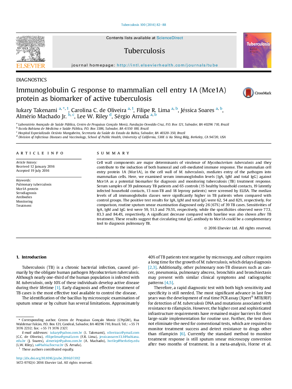 Immunoglobulin G response to mammalian cell entry 1A (Mce1A) protein as biomarker of active tuberculosis