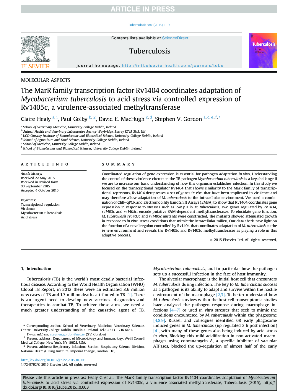 The MarR family transcription factor Rv1404 coordinates adaptation of Mycobacterium tuberculosis to acid stress via controlled expression of Rv1405c, a virulence-associated methyltransferase