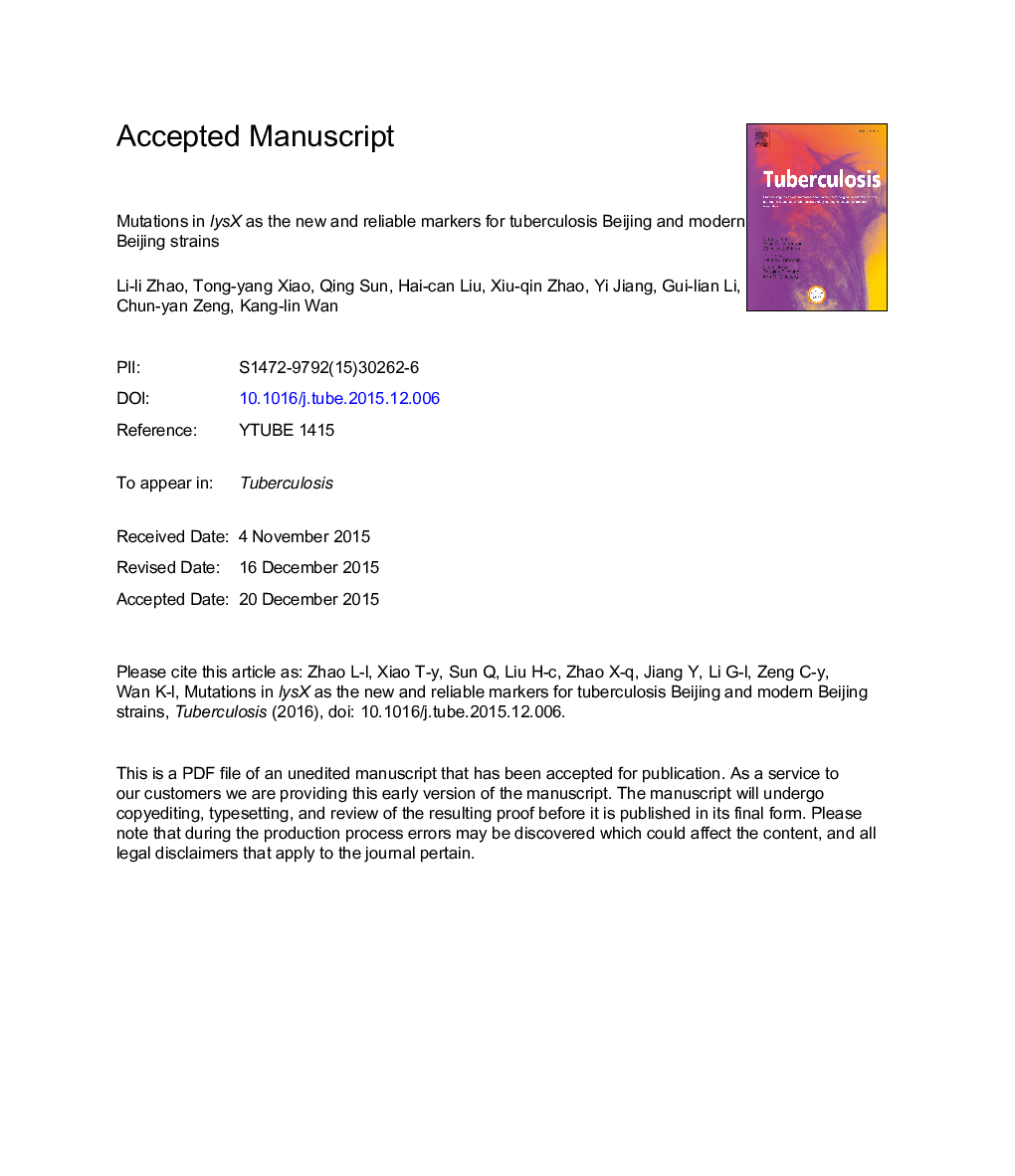 Mutations in lysX as the new and reliable markers for tuberculosis Beijing and modern Beijing strains