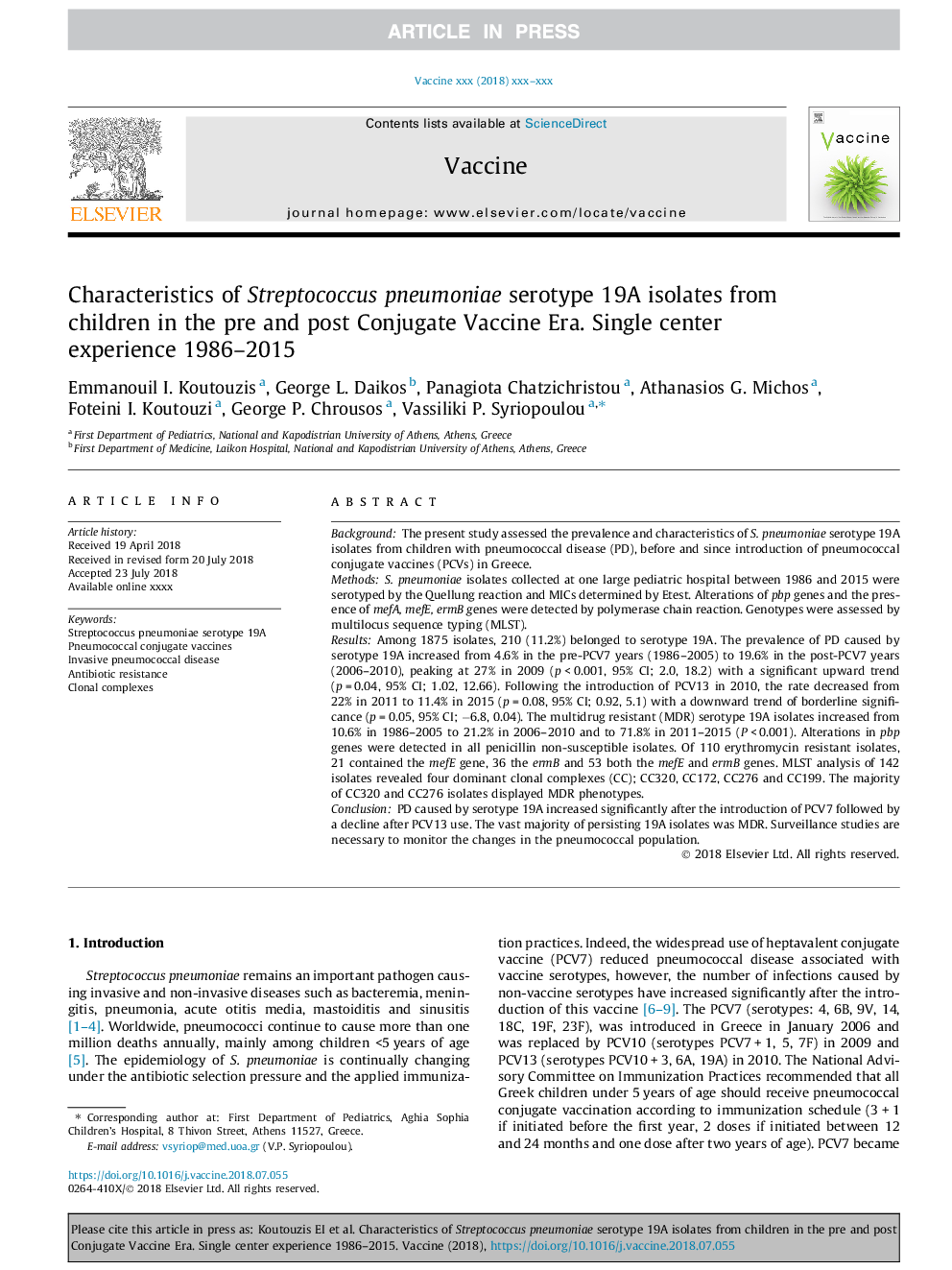 Characteristics of Streptococcus pneumoniae serotype 19A isolates from children in the pre and post Conjugate Vaccine Era. Single center experience 1986-2015