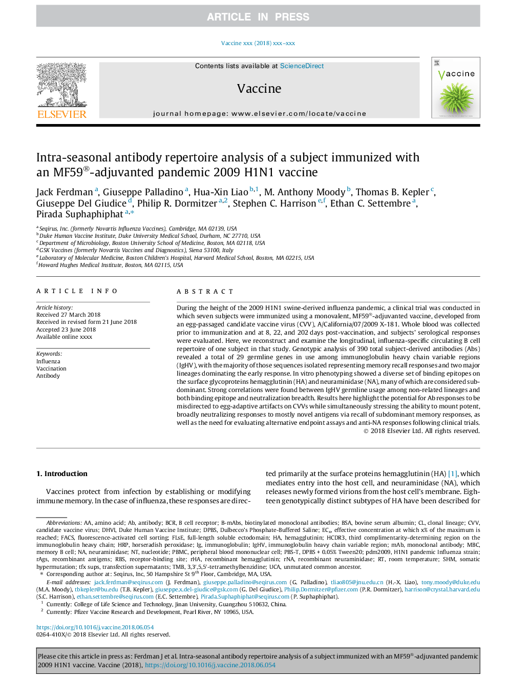 Intra-seasonal antibody repertoire analysis of a subject immunized with an MF59®-adjuvanted pandemic 2009 H1N1 vaccine