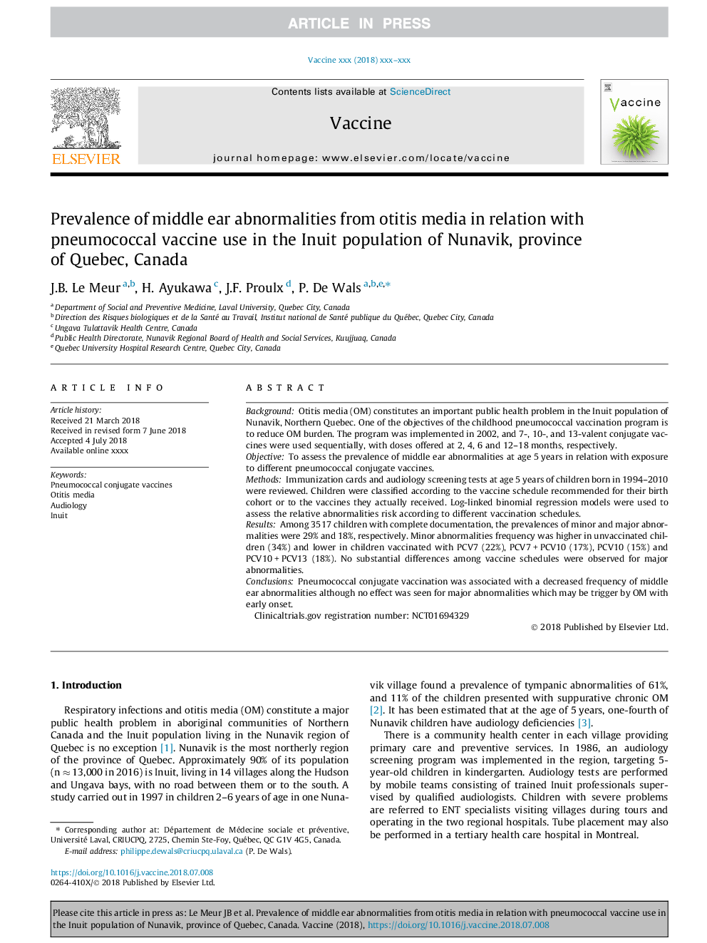 Prevalence of middle ear abnormalities from otitis media in relation with pneumococcal vaccine use in the Inuit population of Nunavik, province of Quebec, Canada