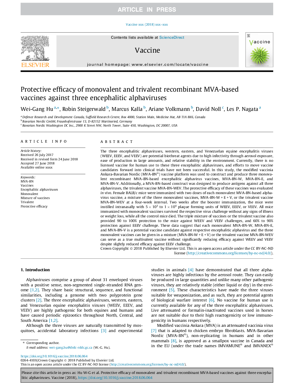 Protective efficacy of monovalent and trivalent recombinant MVA-based vaccines against three encephalitic alphaviruses