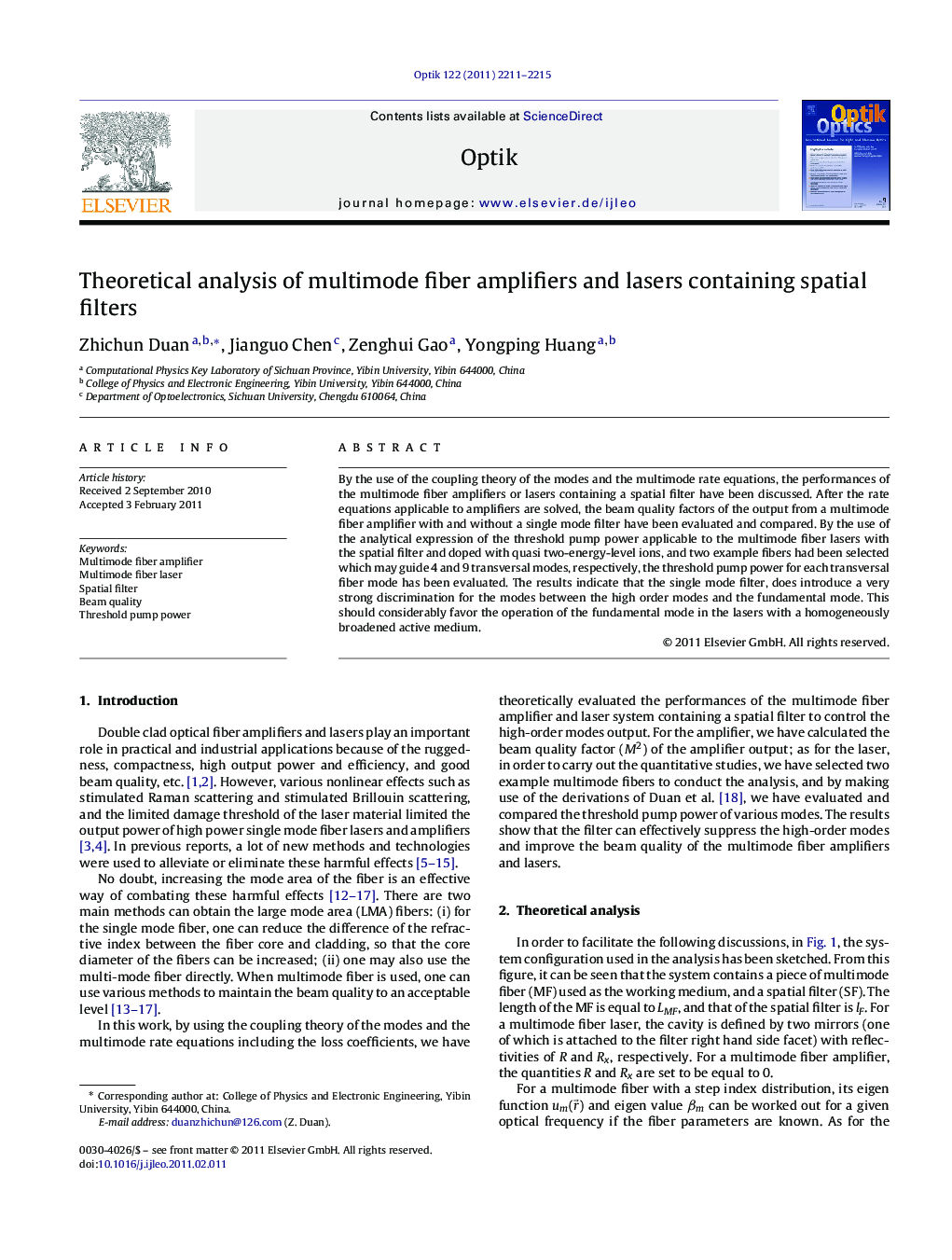 Theoretical analysis of multimode fiber amplifiers and lasers containing spatial filters