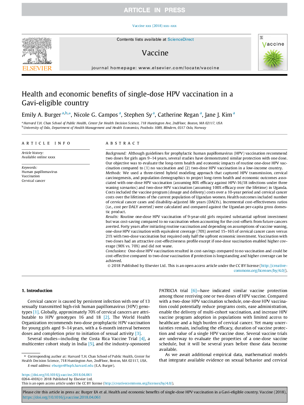 Health and economic benefits of single-dose HPV vaccination in a Gavi-eligible country