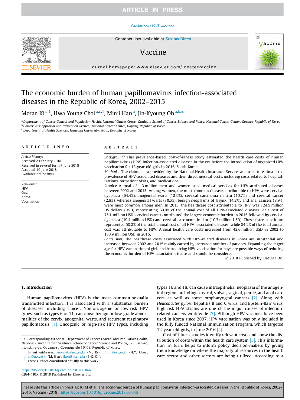 The economic burden of human papillomavirus infection-associated diseases in the Republic of Korea, 2002-2015