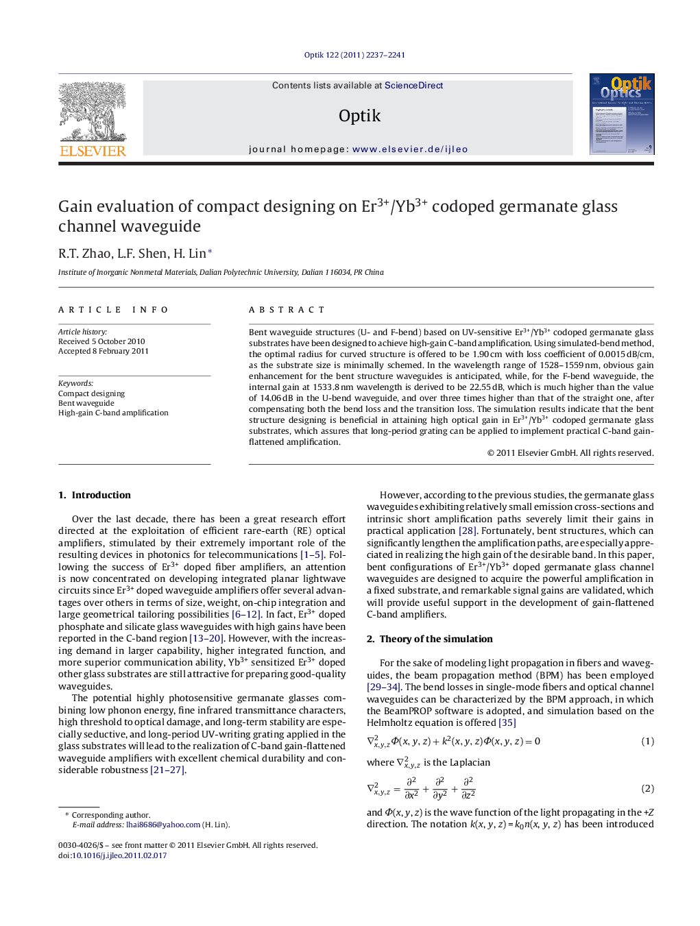 عکس صفحه اول مقاله: Gain evaluation of compact designing on Er3+/Yb3+ codoped germanate glass channel waveguide Gain evaluation of compact designing on Er3+/Yb3+ codoped germanate glass channel waveguide