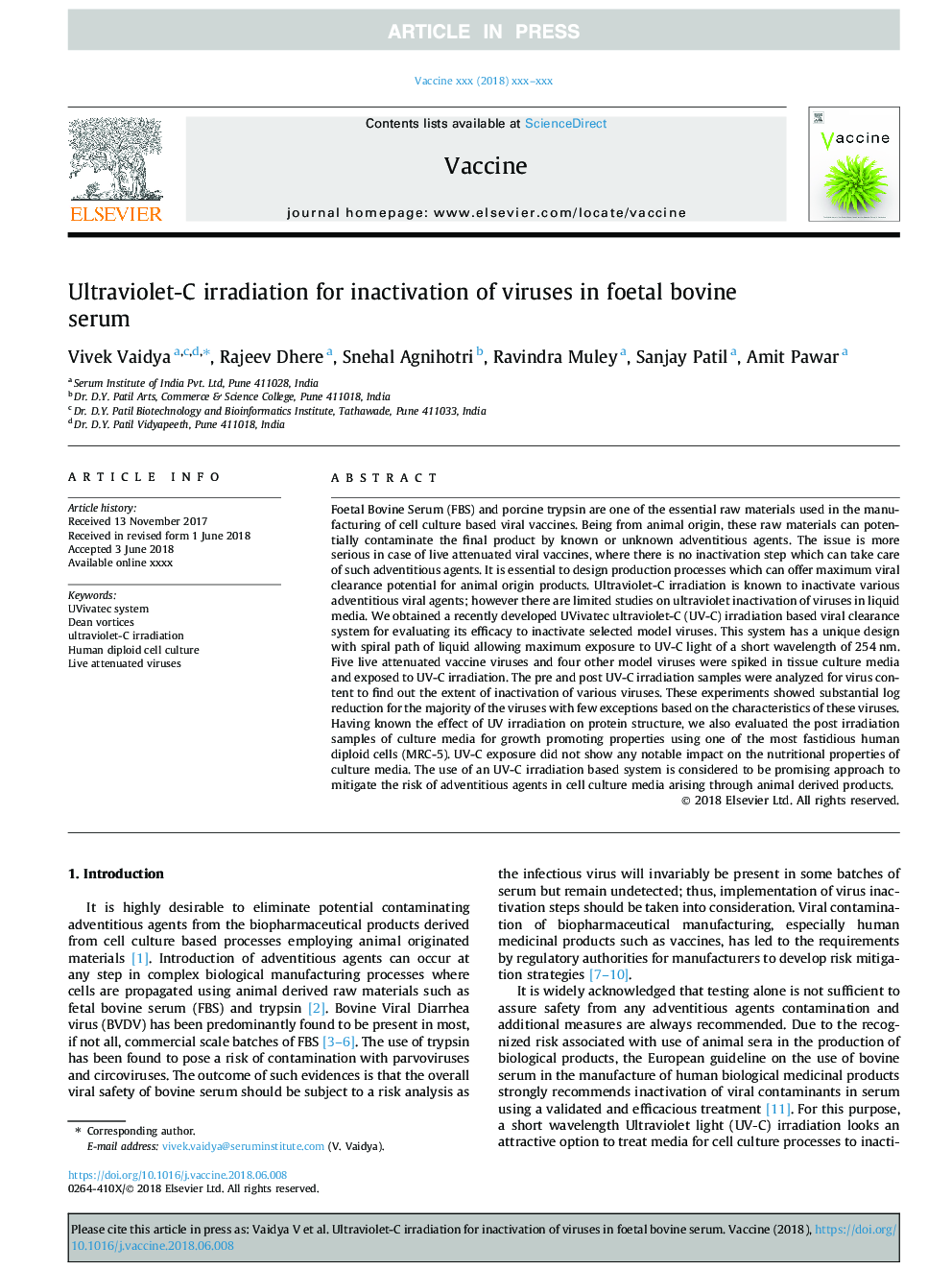 Ultraviolet-C irradiation for inactivation of viruses in foetal bovine serum