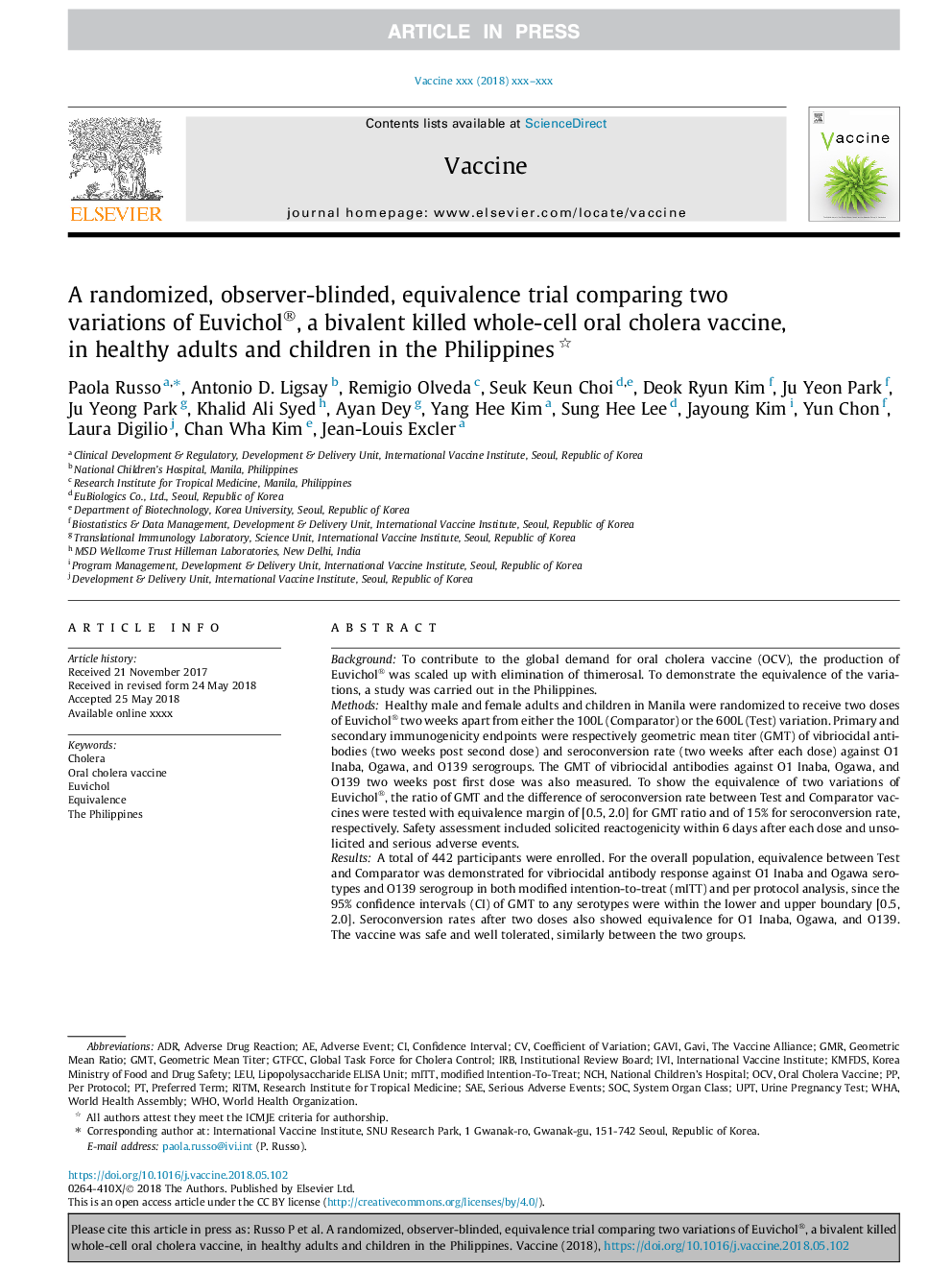 A randomized, observer-blinded, equivalence trial comparing two variations of Euvichol®, a bivalent killed whole-cell oral cholera vaccine, in healthy adults and children in the Philippines