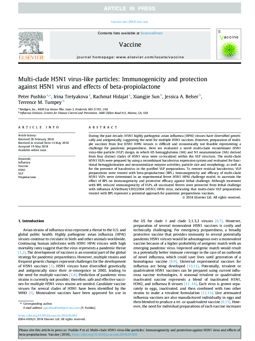 Multi-clade H5N1 virus-like particles: Immunogenicity and protection against H5N1 virus and effects of beta-propiolactone