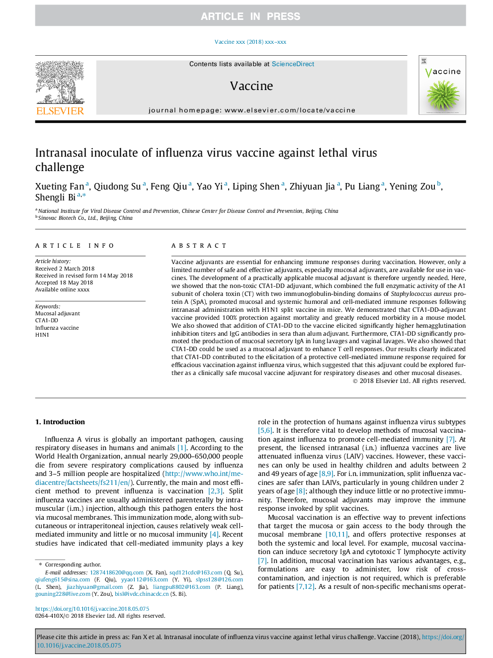 Intranasal inoculate of influenza virus vaccine against lethal virus challenge