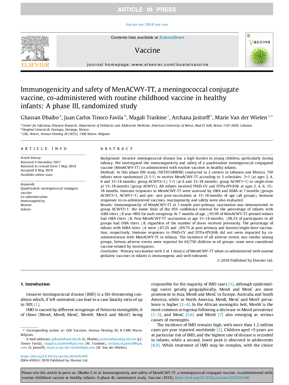 Immunogenicity and safety of MenACWY-TT, a meningococcal conjugate vaccine, co-administered with routine childhood vaccine in healthy infants: A phase III, randomized study