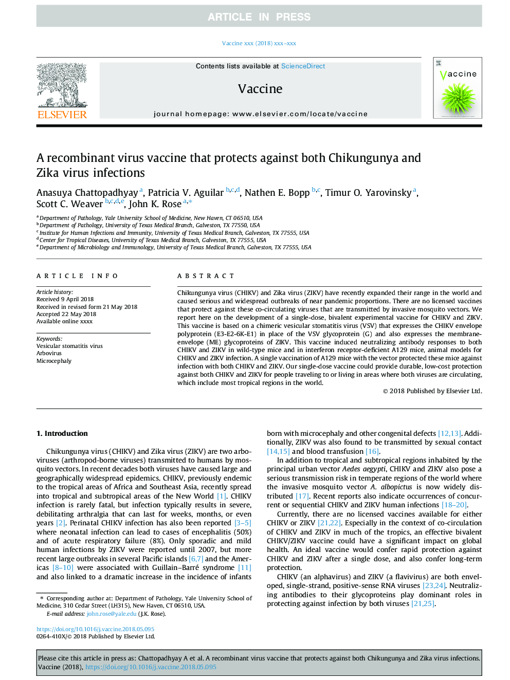 A recombinant virus vaccine that protects against both Chikungunya and Zika virus infections