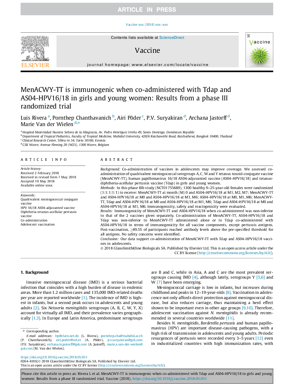 MenACWY-TT is immunogenic when co-administered with Tdap and AS04-HPV16/18 in girls and young women: Results from a phase III randomized trial