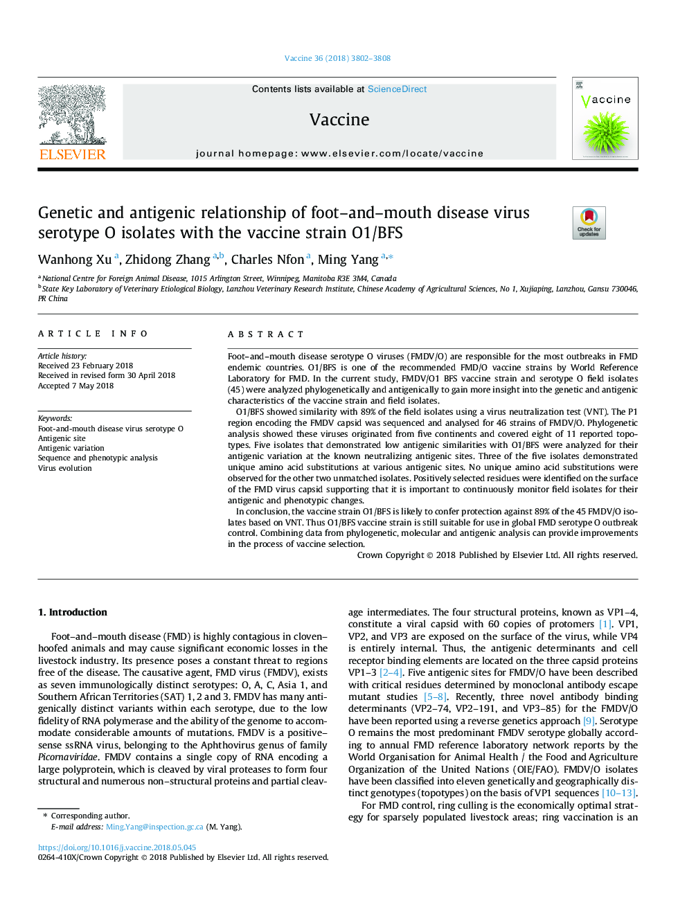 Genetic and antigenic relationship of foot-and-mouth disease virus serotype O isolates with the vaccine strain O1/BFS