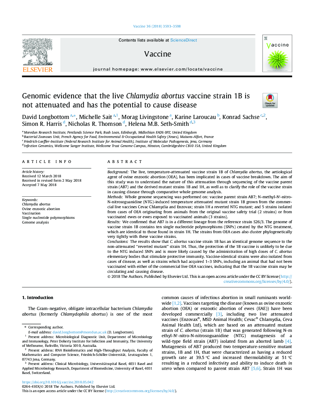 Genomic evidence that the live Chlamydia abortus vaccine strain 1B is not attenuated and has the potential to cause disease