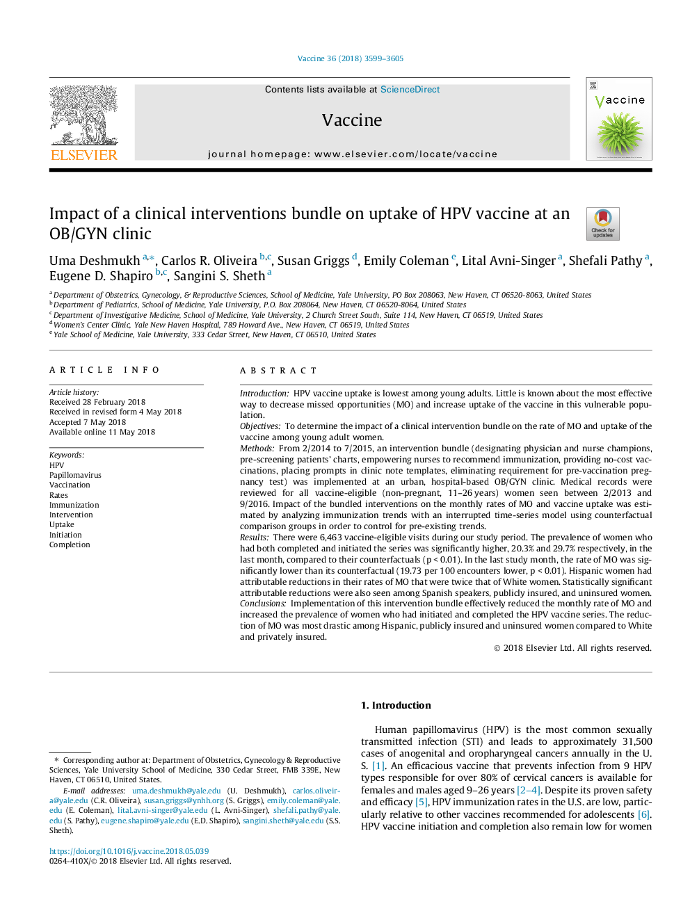 Impact of a clinical interventions bundle on uptake of HPV vaccine at an OB/GYN clinic