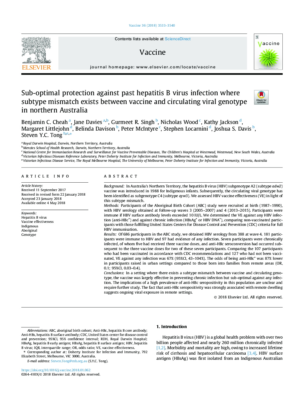 Sub-optimal protection against past hepatitis B virus infection where subtype mismatch exists between vaccine and circulating viral genotype in northern Australia