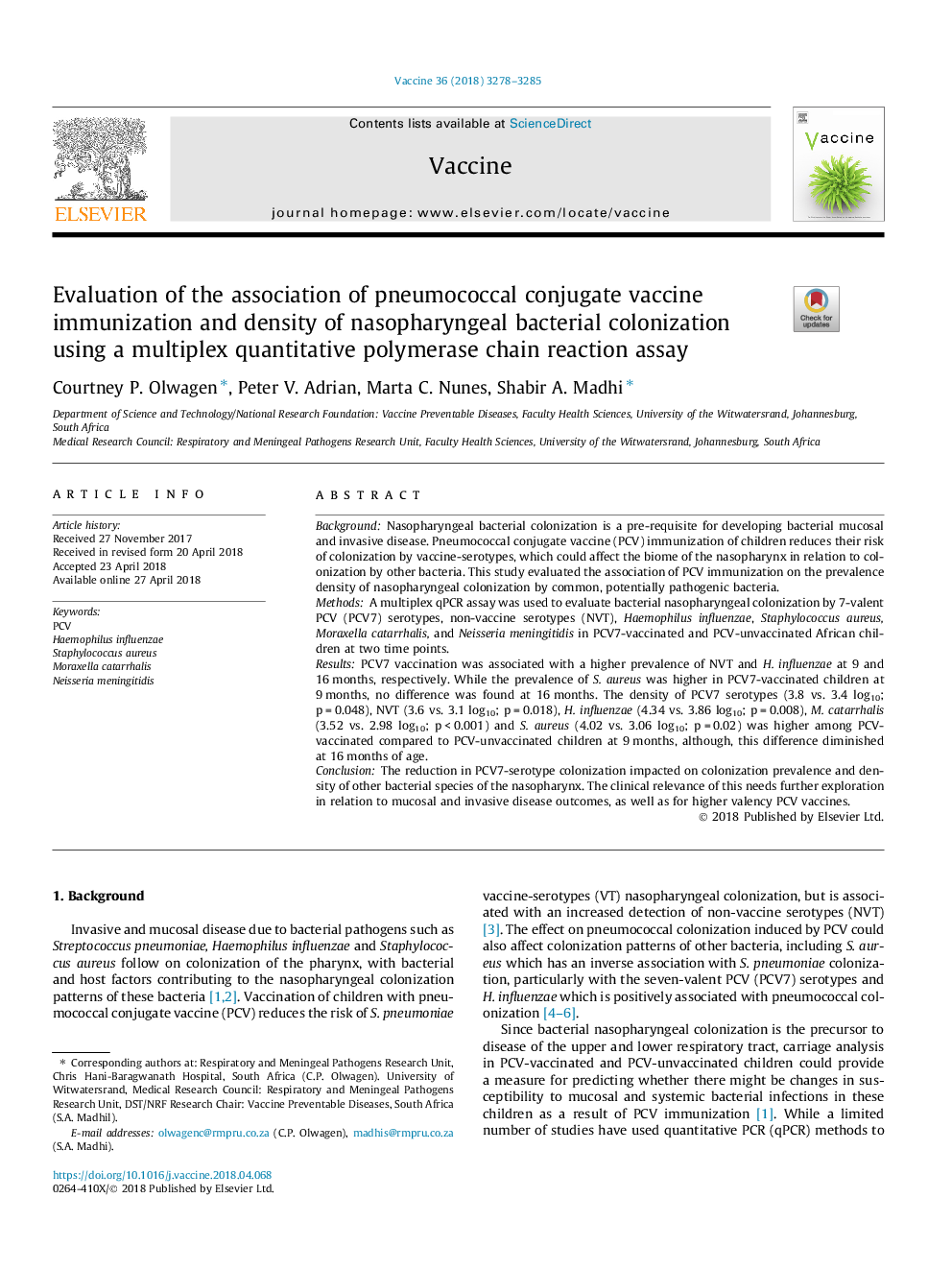 Evaluation of the association of pneumococcal conjugate vaccine immunization and density of nasopharyngeal bacterial colonization using a multiplex quantitative polymerase chain reaction assay