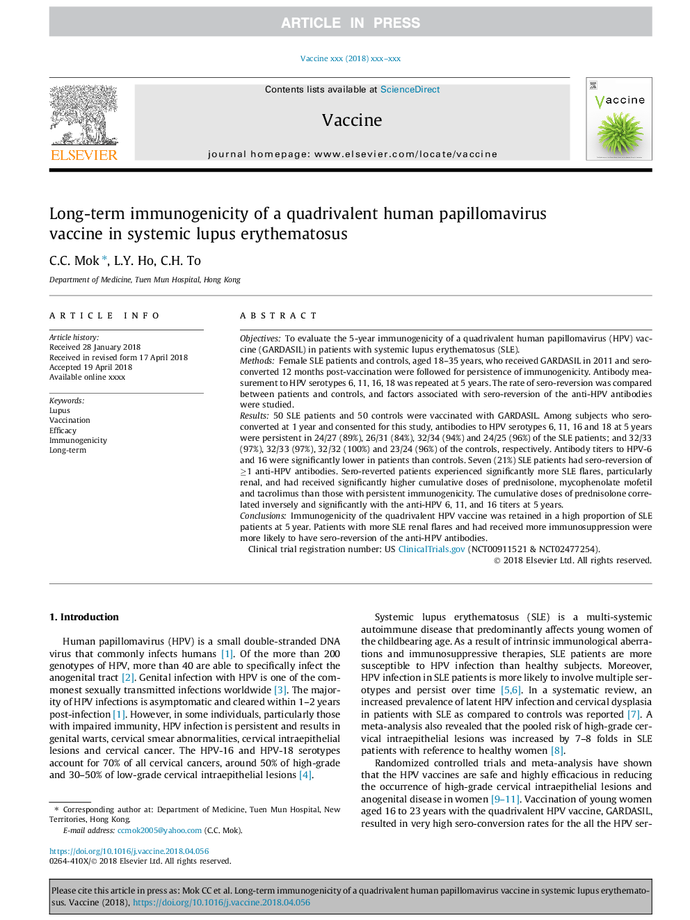 Long-term immunogenicity of a quadrivalent human papillomavirus vaccine in systemic lupus erythematosus