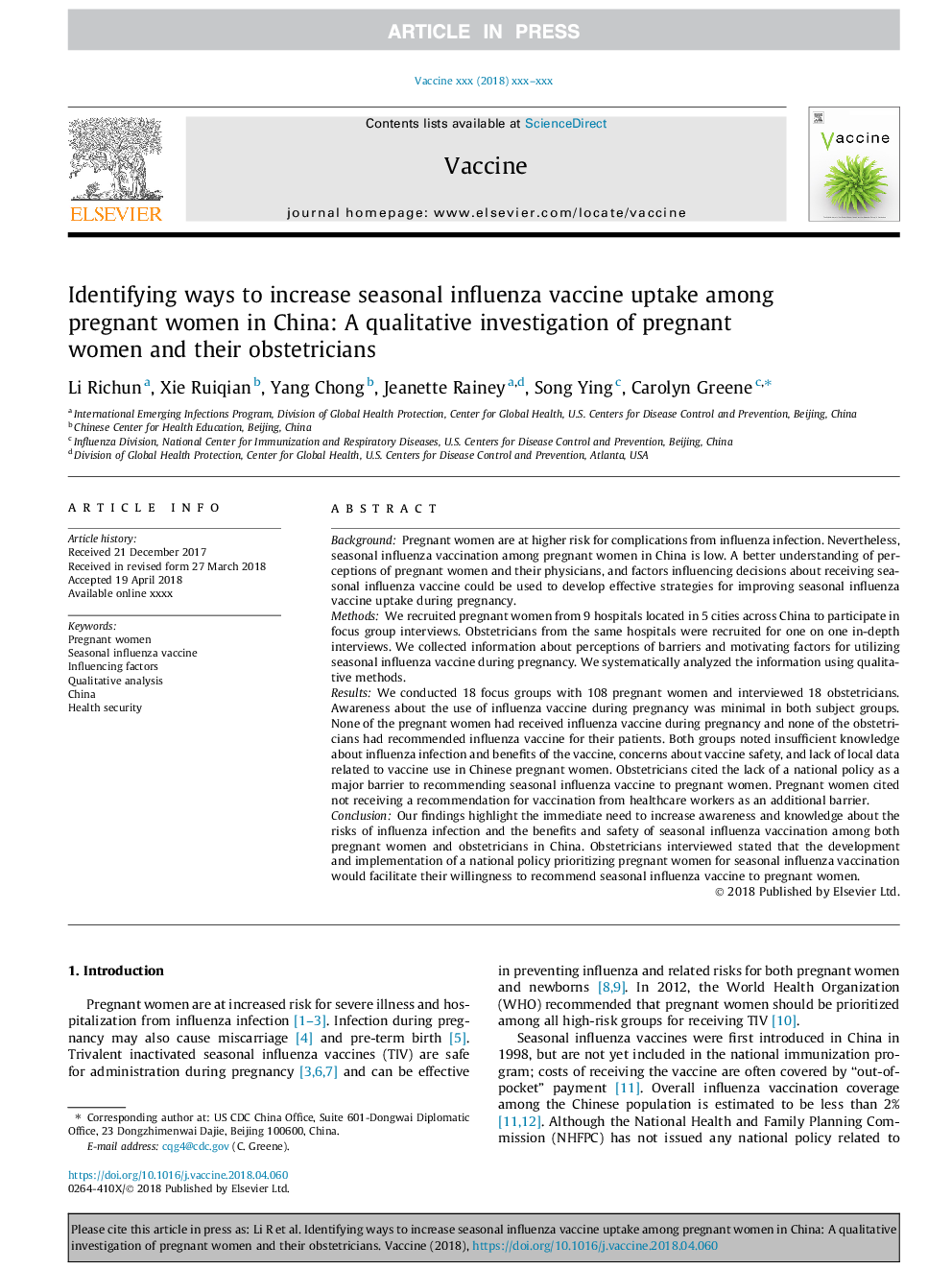 Identifying ways to increase seasonal influenza vaccine uptake among pregnant women in China: A qualitative investigation of pregnant women and their obstetricians