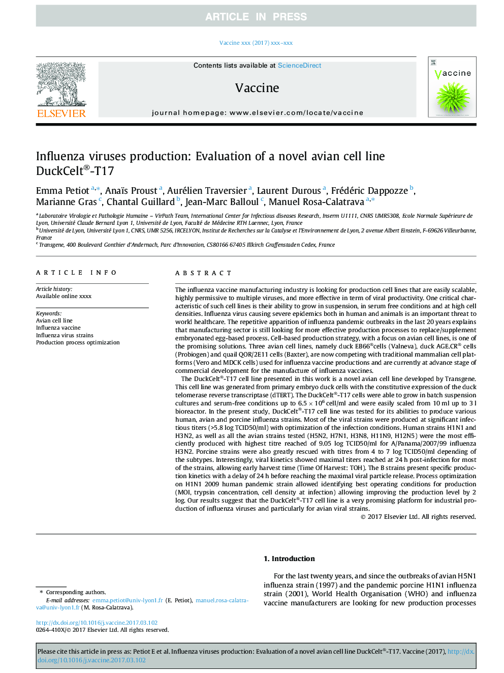 عکس صفحه اول مقاله: Influenza viruses production: Evaluation of a novel avian cell line DuckCelt®-T17 Influenza viruses production: Evaluation of a novel avian cell line DuckCelt®-T17