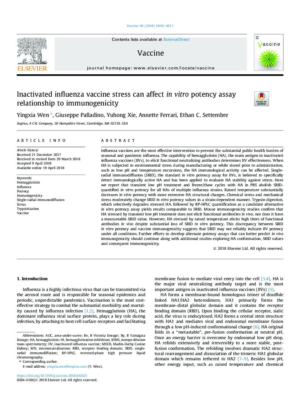 Inactivated influenza vaccine stress can affect in vitro potency assay relationship to immunogenicity