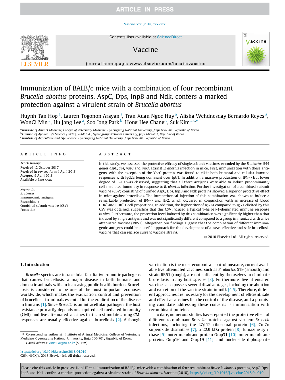 Immunization of BALB/c mice with a combination of four recombinant Brucella abortus proteins, AspC, Dps, InpB and Ndk, confers a marked protection against a virulent strain of Brucella abortus