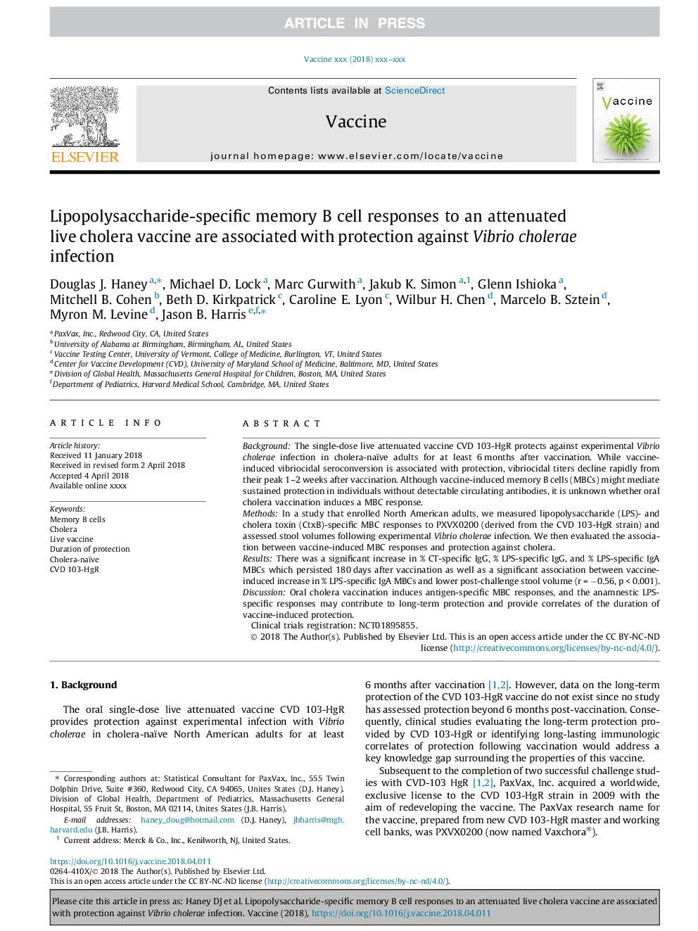 Lipopolysaccharide-specific memory B cell responses to an attenuated live cholera vaccine are associated with protection against Vibrio cholerae infection