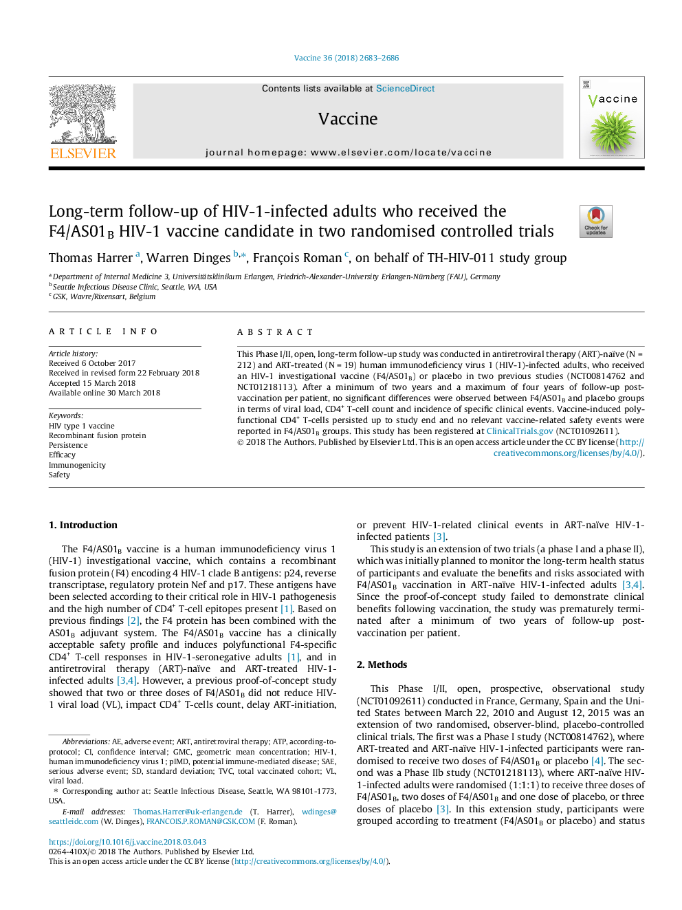 Long-term follow-up of HIV-1-infected adults who received the F4/AS01B HIV-1 vaccine candidate in two randomised controlled trials