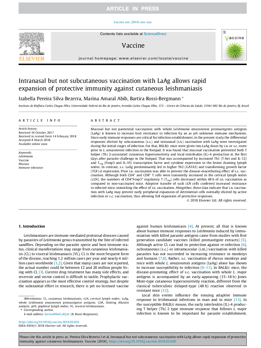 Intranasal but not subcutaneous vaccination with LaAg allows rapid expansion of protective immunity against cutaneous leishmaniasis