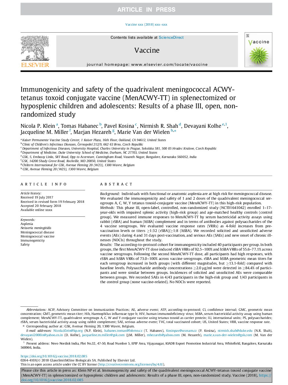 Immunogenicity and safety of the quadrivalent meningococcal ACWY-tetanus toxoid conjugate vaccine (MenACWY-TT) in splenectomized or hyposplenic children and adolescents: Results of a phase III, open, non-randomized study