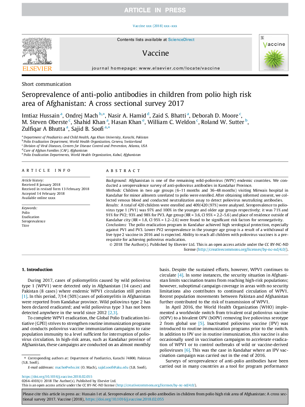 Seroprevalence of anti-polio antibodies in children from polio high risk area of Afghanistan: A cross sectional survey 2017