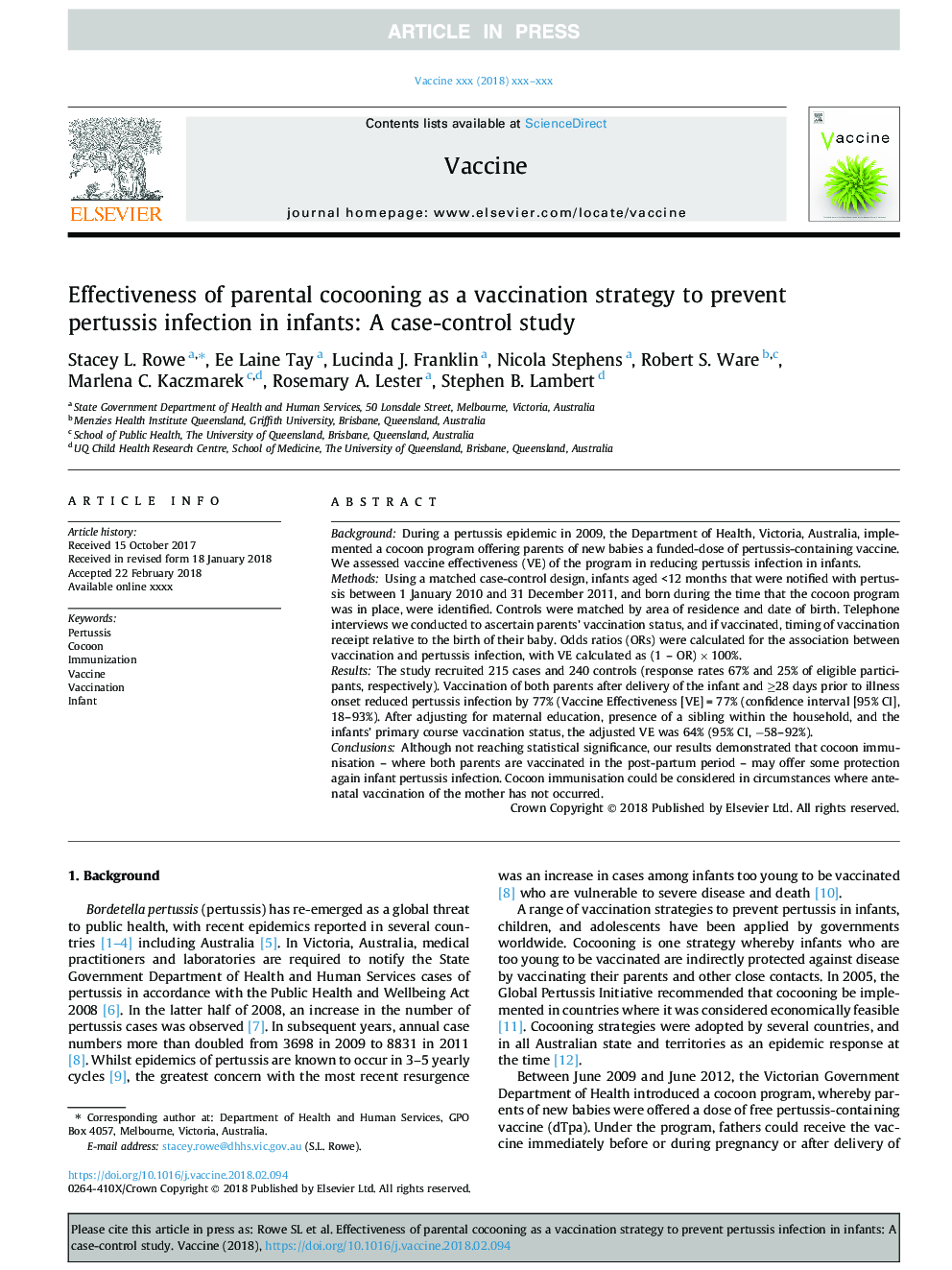 Effectiveness of parental cocooning as a vaccination strategy to prevent pertussis infection in infants: A case-control study