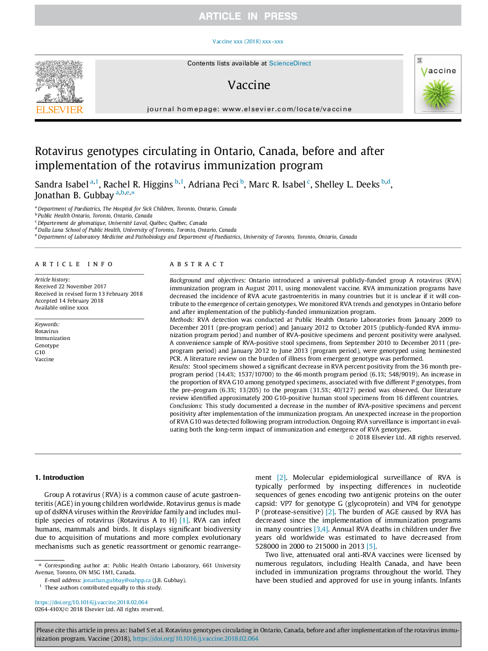 ژنوتیپ های روتا ویروس در انتاریو، کانادا، قبل و بعد از اجرای برنامه ایمن سازی روتاویروس 