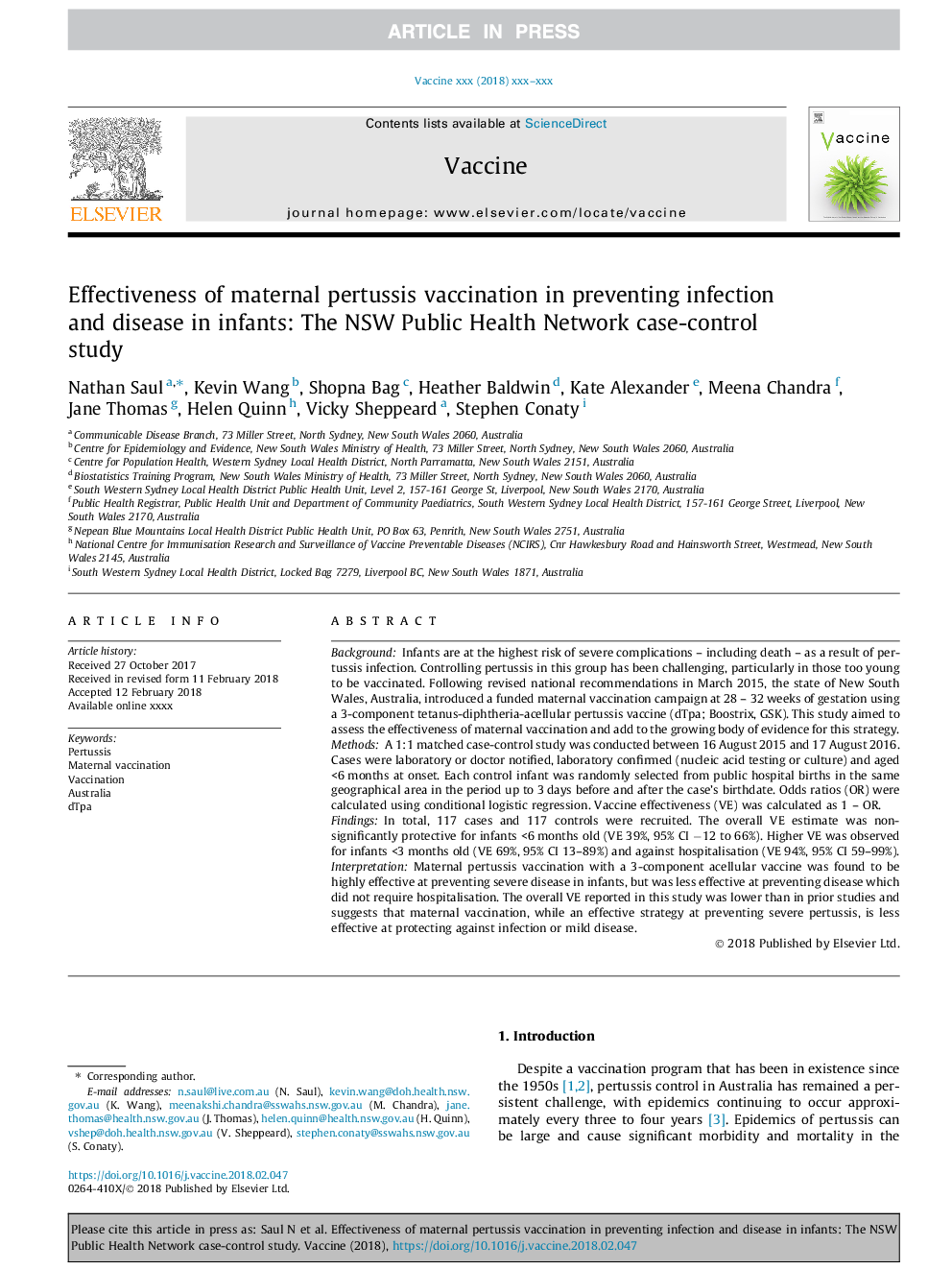 Effectiveness of maternal pertussis vaccination in preventing infection and disease in infants: The NSW Public Health Network case-control study