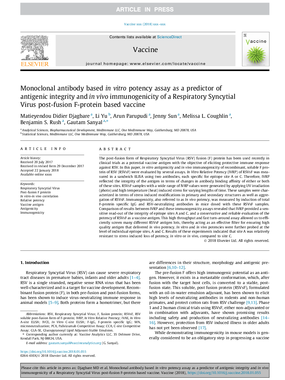 Monoclonal antibody based in vitro potency assay as a predictor of antigenic integrity and in vivo immunogenicity of a Respiratory Syncytial Virus post-fusion F-protein based vaccine