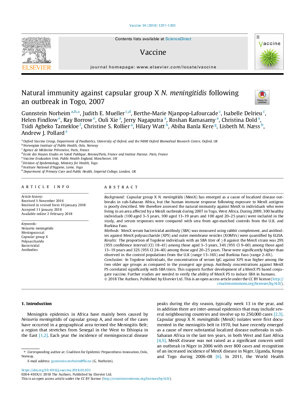 Natural immunity against capsular group X N. meningitidis following an outbreak in Togo, 2007