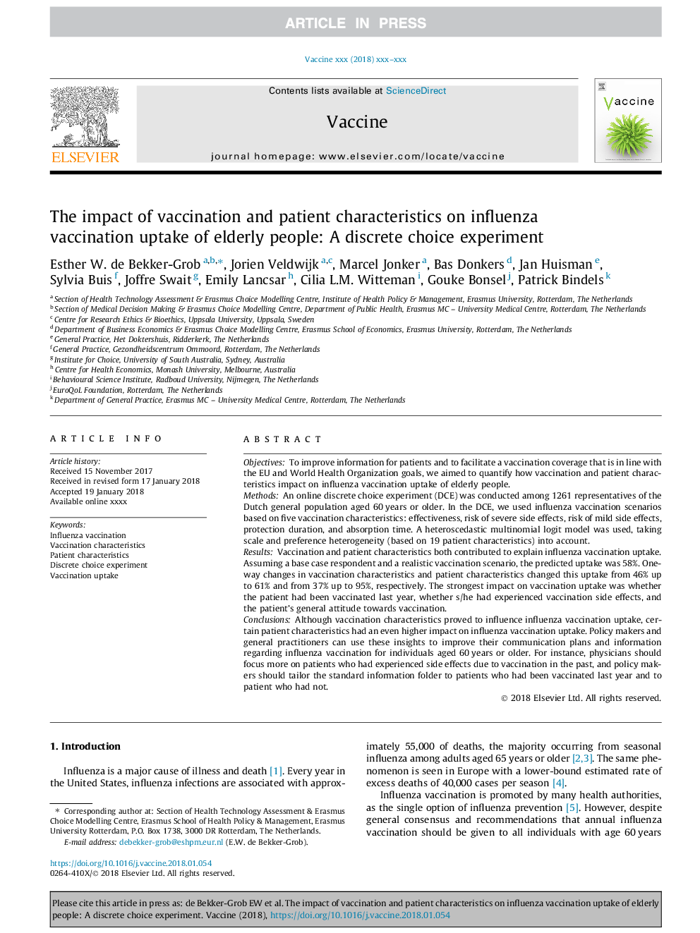 The impact of vaccination and patient characteristics on influenza vaccination uptake of elderly people: A discrete choice experiment