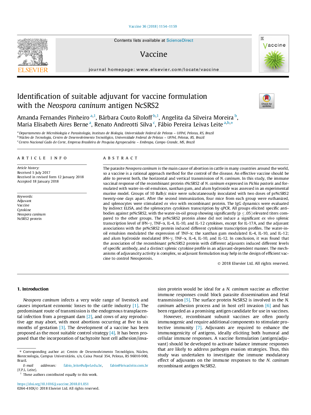 Identification of suitable adjuvant for vaccine formulation with the Neospora caninum antigen NcSRS2