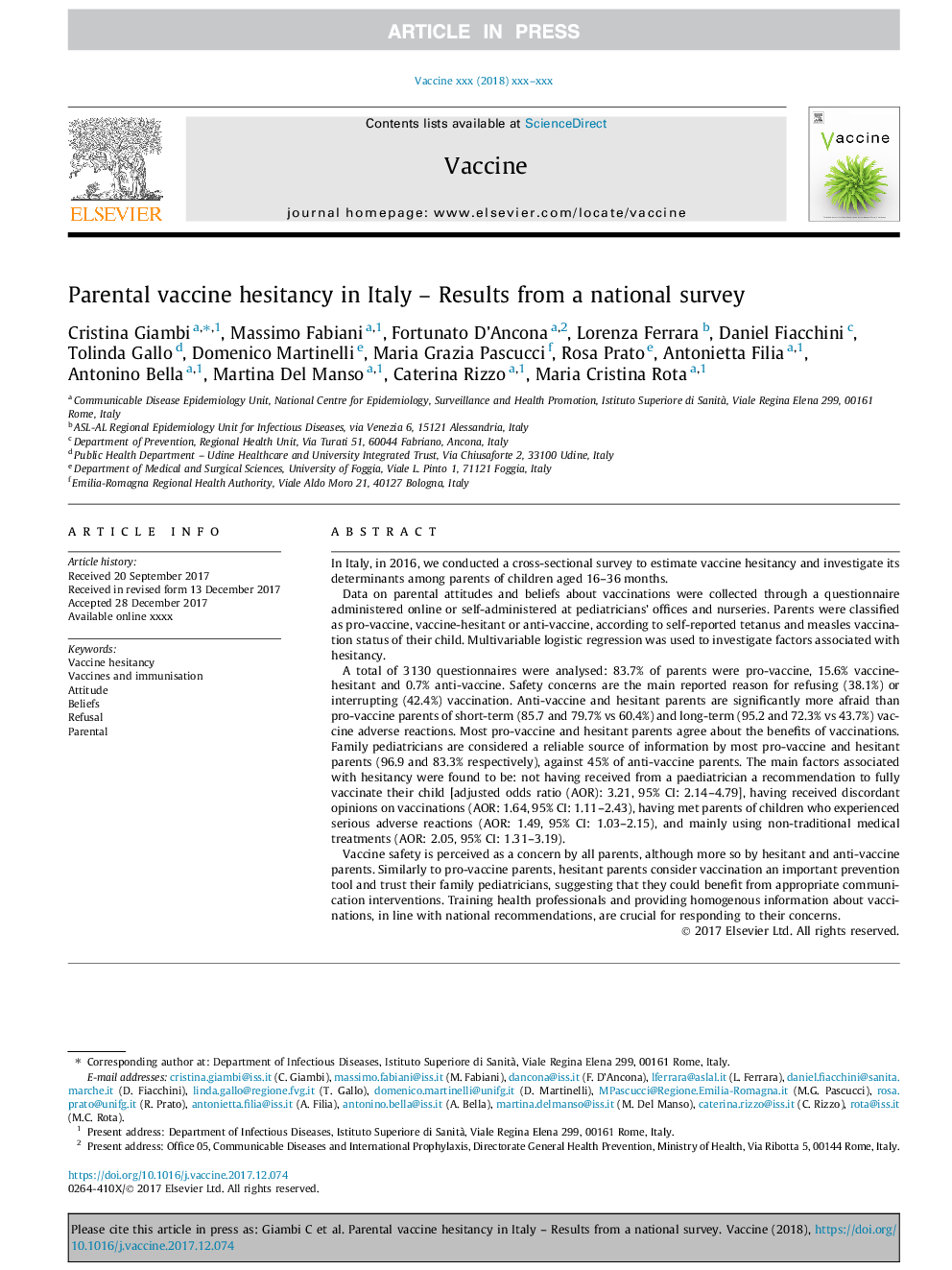 Parental vaccine hesitancy in Italy - Results from a national survey