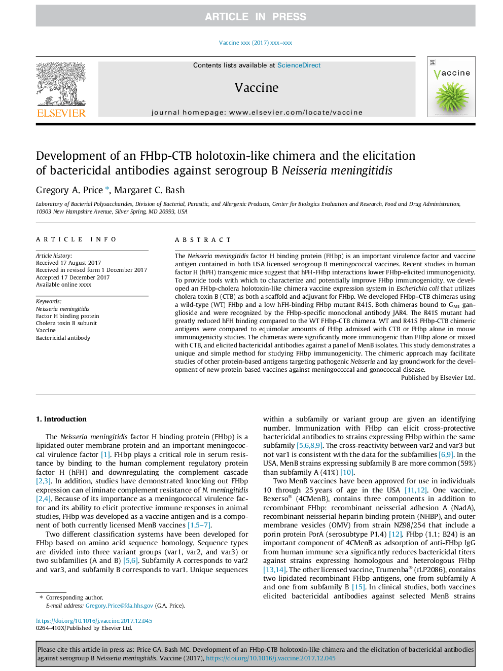 Development of an FHbp-CTB holotoxin-like chimera and the elicitation of bactericidal antibodies against serogroup B Neisseria meningitidis