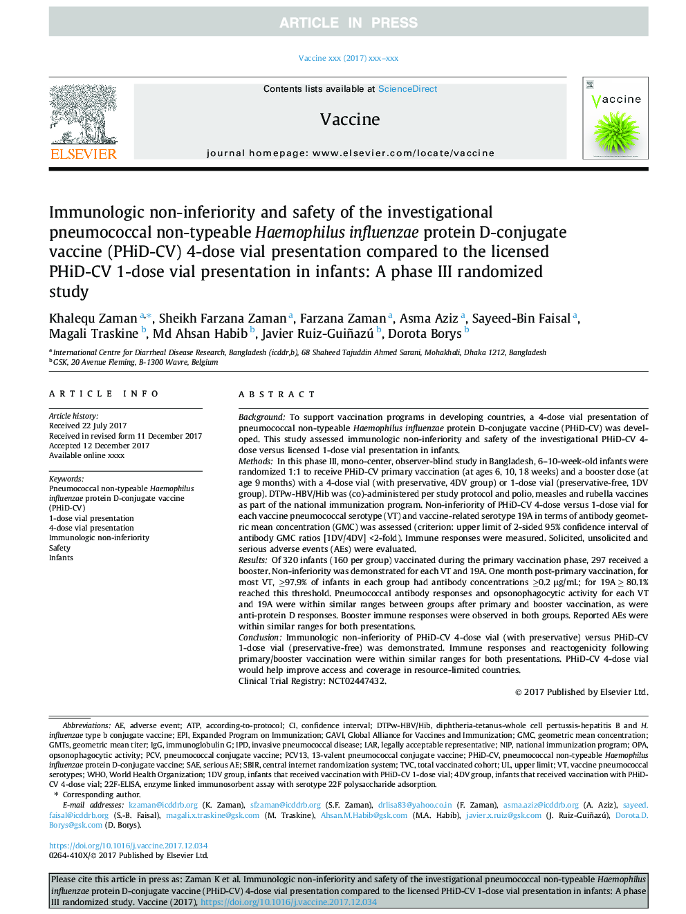 Immunologic non-inferiority and safety of the investigational pneumococcal non-typeable Haemophilus influenzae protein D-conjugate vaccine (PHiD-CV) 4-dose vial presentation compared to the licensed PHiD-CV 1-dose vial presentation in infants: A phase III