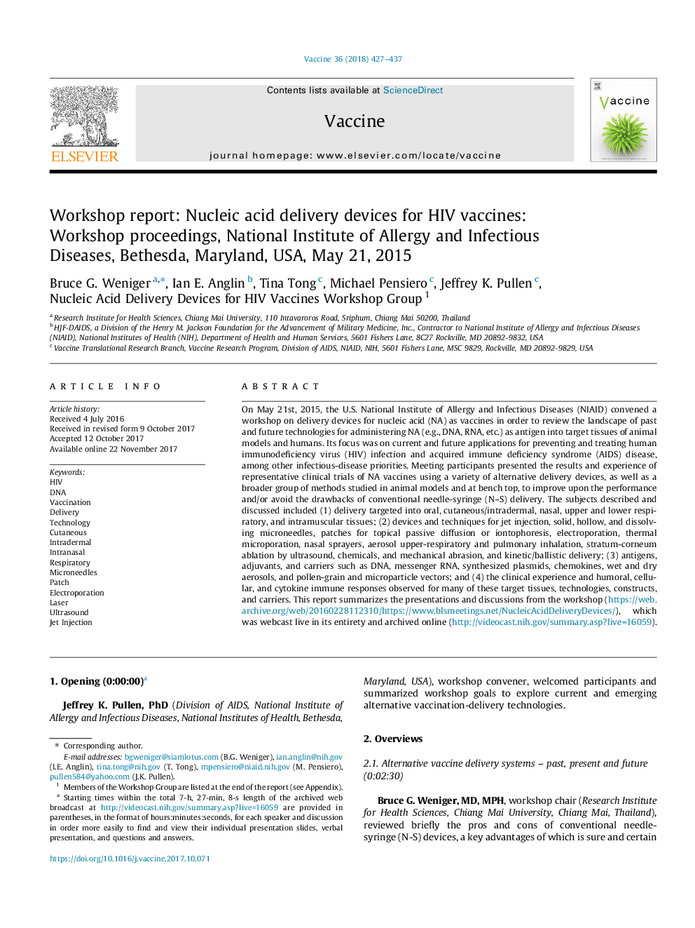 Workshop report: Nucleic acid delivery devices for HIV vaccines: Workshop proceedings, National Institute of Allergy and Infectious Diseases, Bethesda, Maryland, USA, May 21, 2015