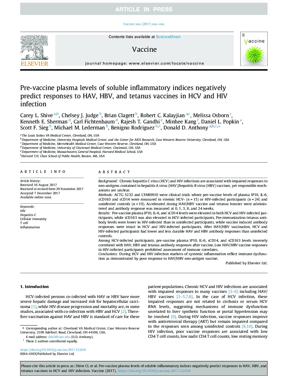 Pre-vaccine plasma levels of soluble inflammatory indices negatively predict responses to HAV, HBV, and tetanus vaccines in HCV and HIV infection