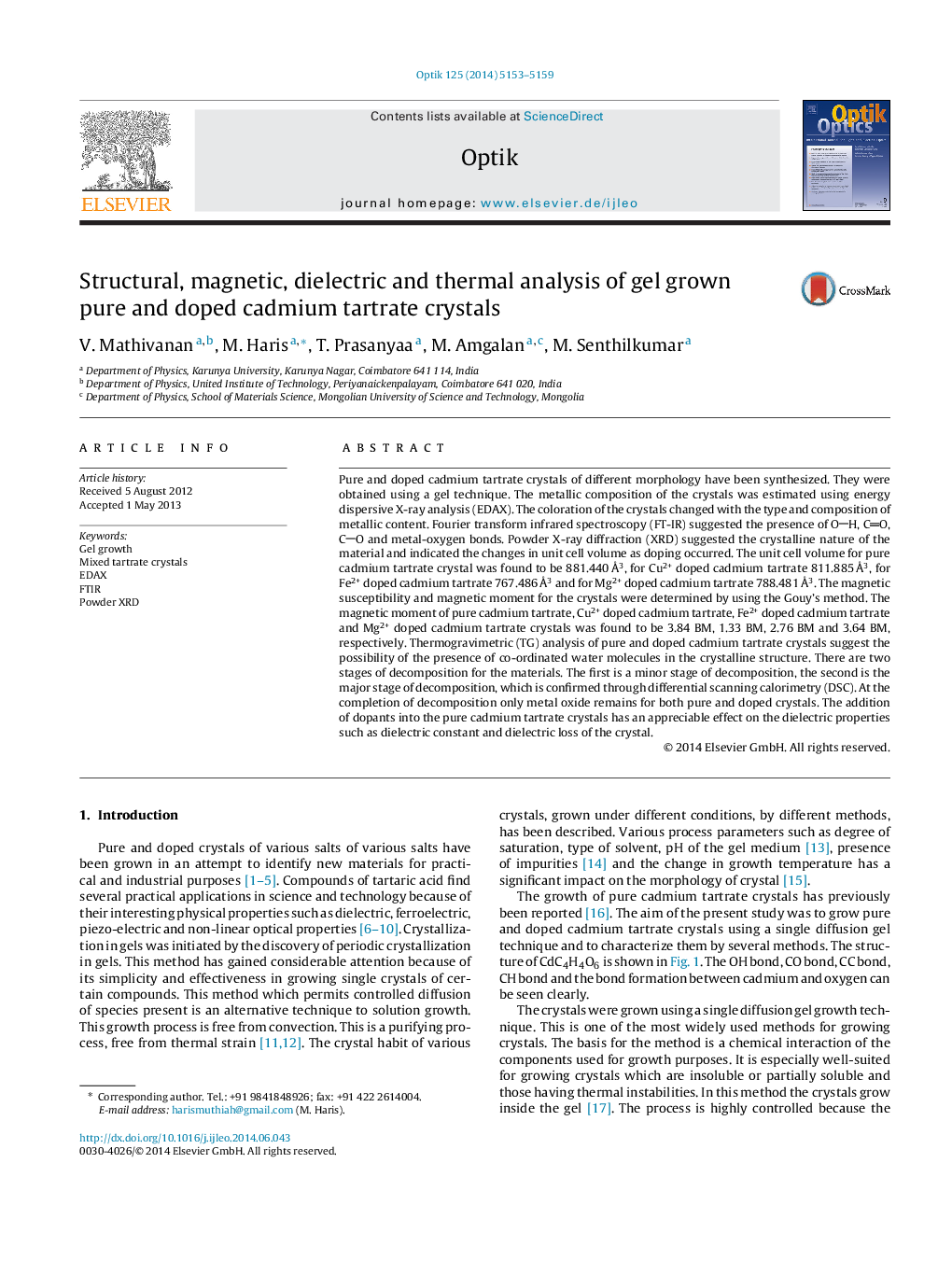 Structural, magnetic, dielectric and thermal analysis of gel grown pure and doped cadmium tartrate crystals