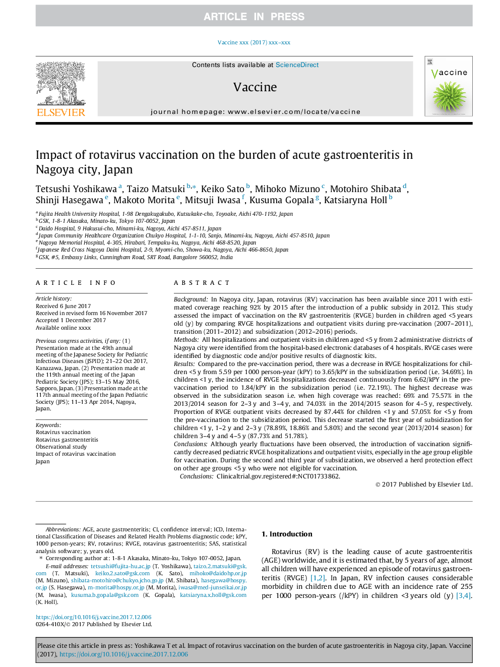 Impact of rotavirus vaccination on the burden of acute gastroenteritis in Nagoya city, Japan