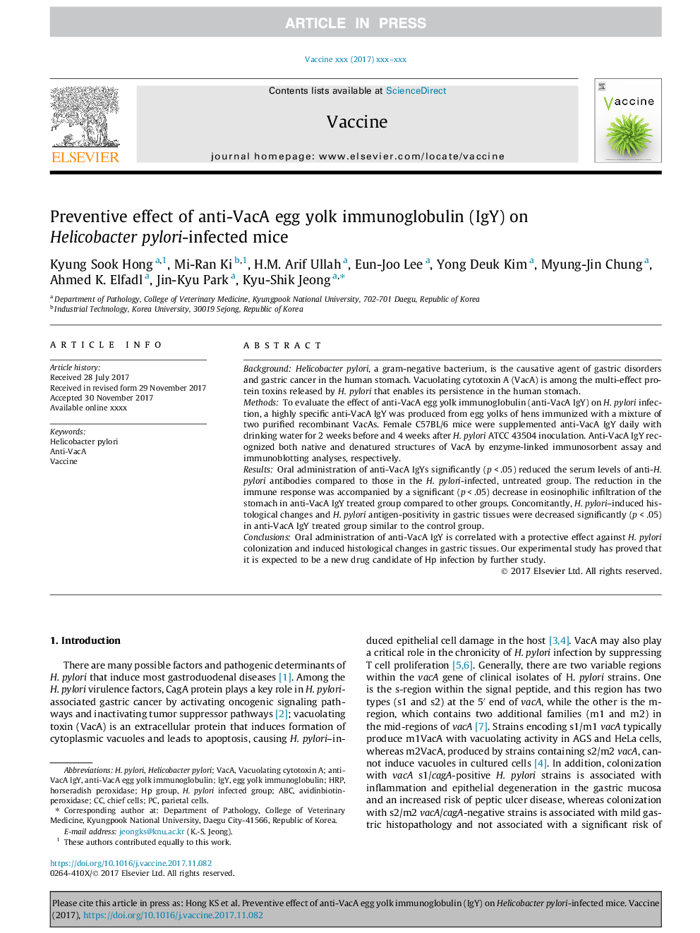 Preventive effect of anti-VacA egg yolk immunoglobulin (IgY) on Helicobacter pylori-infected mice